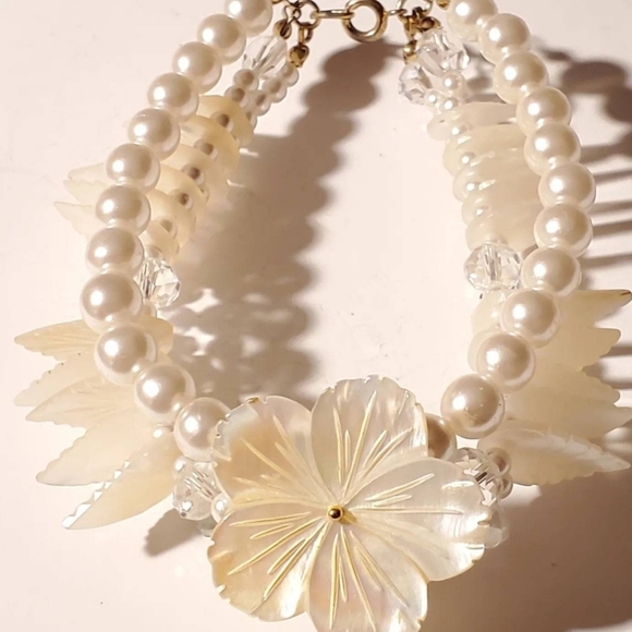 Auset's Jewelry - Mother of Pearl Flower Pendant Faux Pearl Double Swarovski Crystal Bead Bracelet